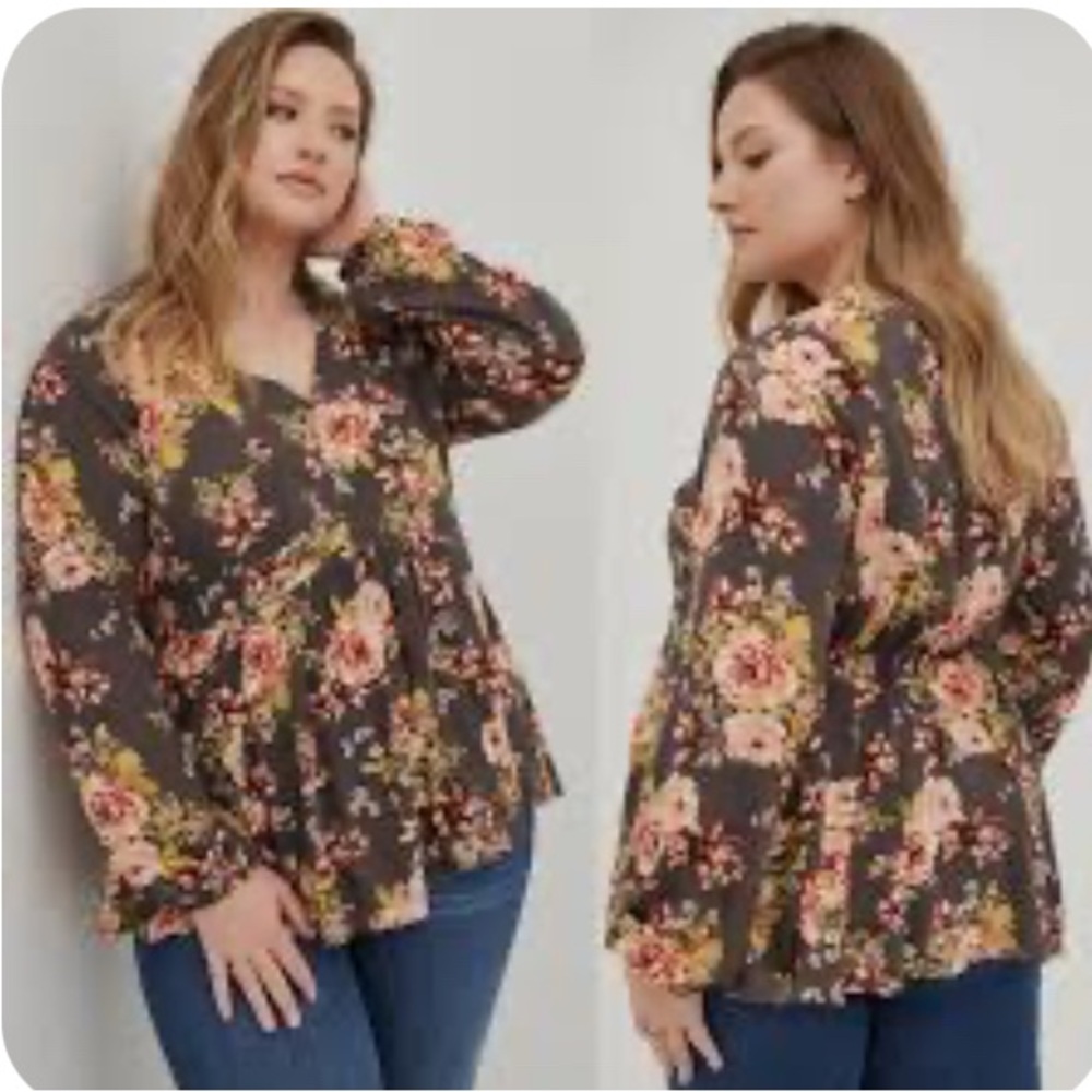 Torrid Floral‎ V-neck long sleeves babydoll tunic L/12